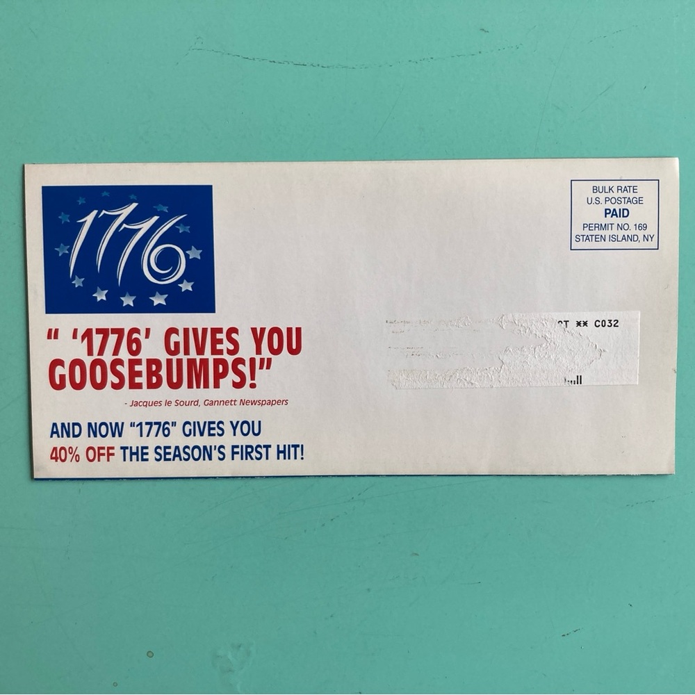 4 Panel Flyer / Mailer 1776 Revival Flyer 9”X4” Broadway Gershwin Theatre Color